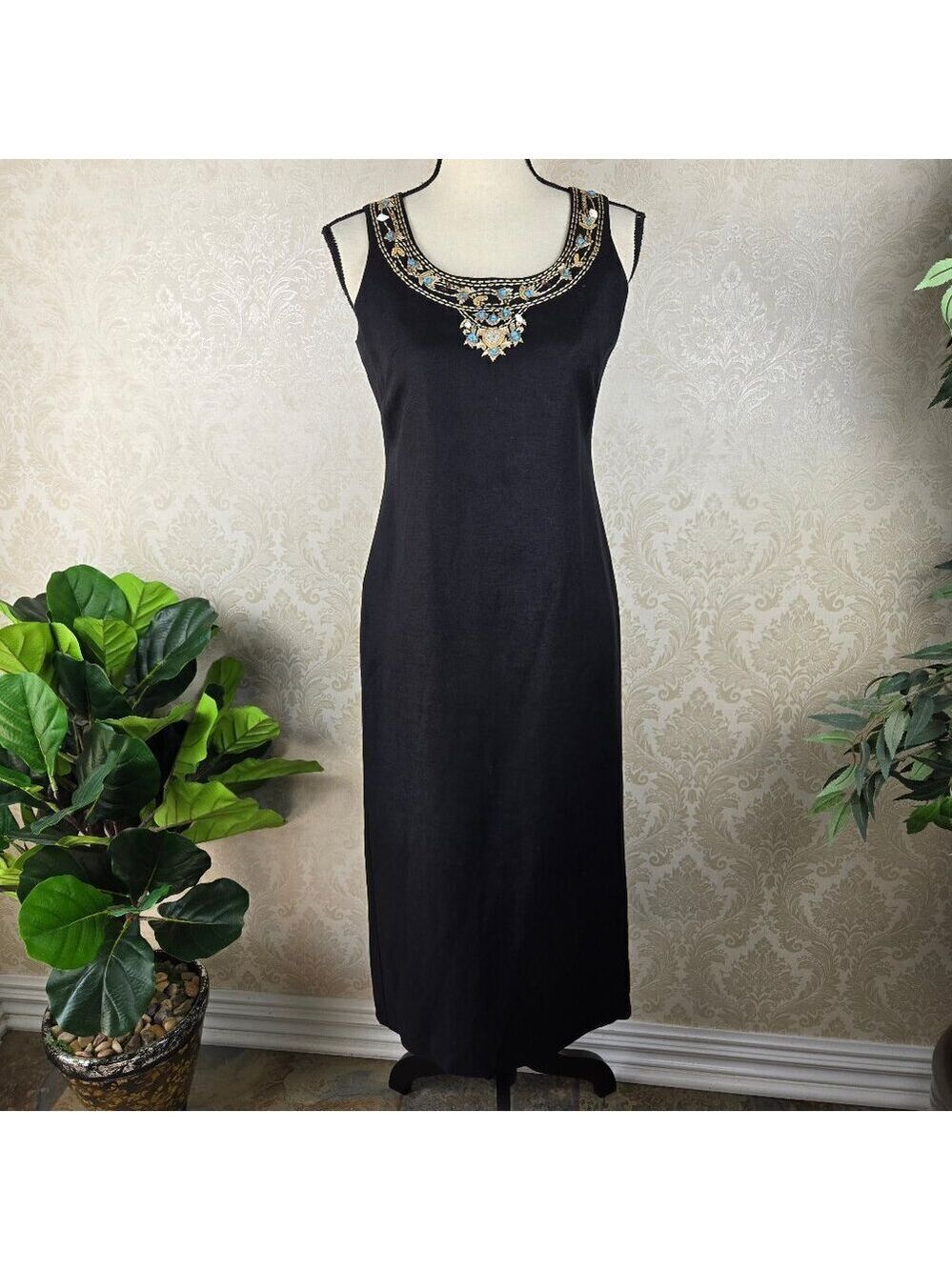 Jessica Howard Petite Size 4 Black Midi Dress Linen Blend Embroidered Sleeveless